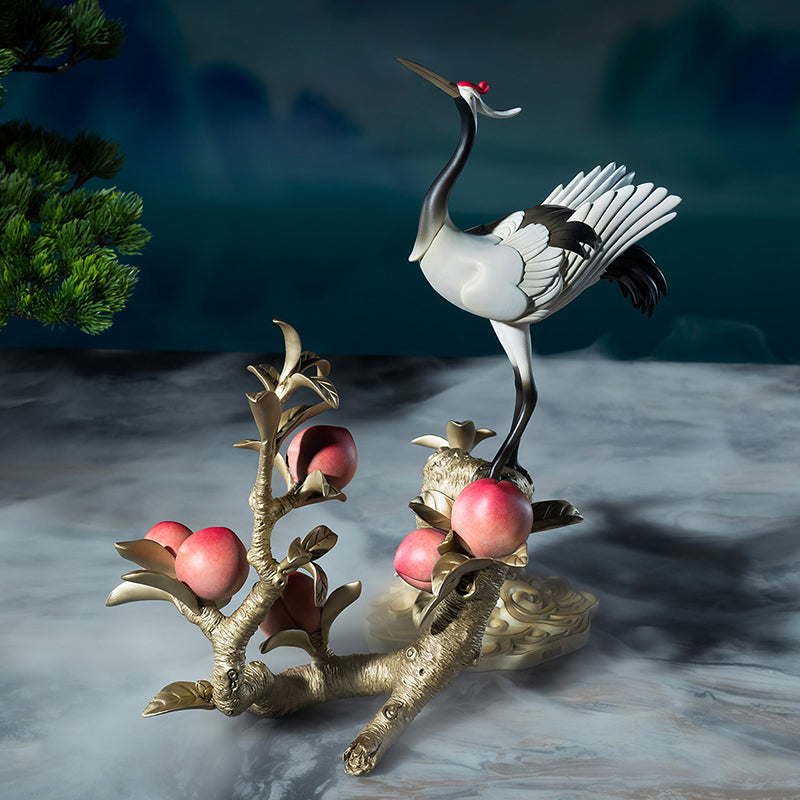 Crane and Peach Eternal Spring Brass Ornament