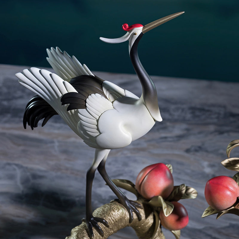 Crane and Peach Eternal Spring Brass Ornament